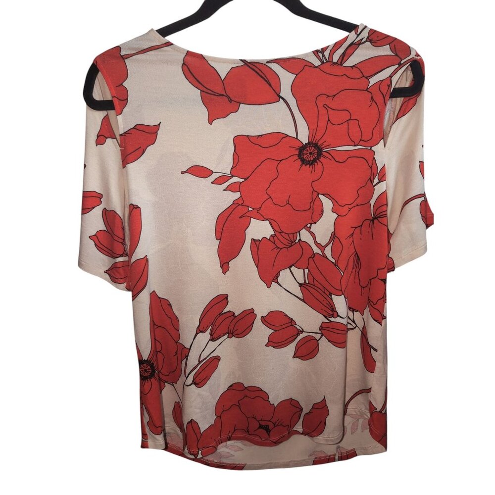Chicos Shirt Womens 0 Small Beige Orange Floral Print Short Cold Sleeve Top